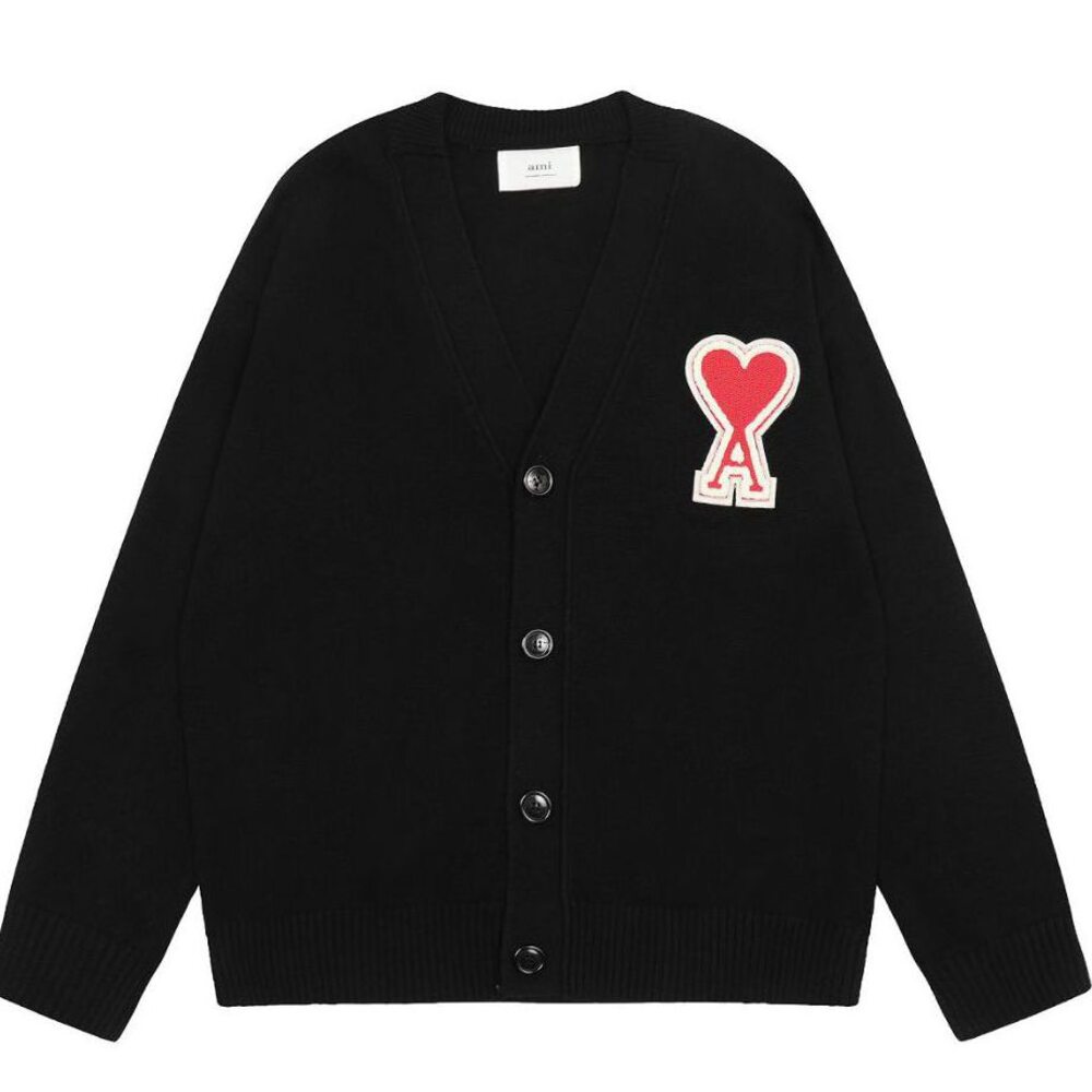 AMI de Coeur Black Red Heart‑A Patch Unisex Button Cardigan